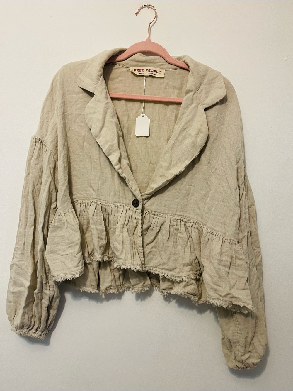 Free People Natural Beige Ruffled Linen Blazer